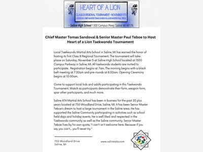 Taekwondo Regional Tournament to be held in Saline, MI, November 5, 2022