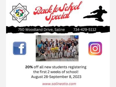 Saline ATA offers 20% off for New Taekwondo Students  & Aerobic Kickboxing Punch Cards