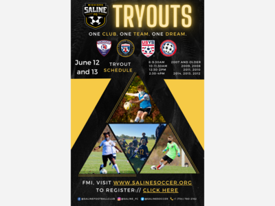 Interested in Travel Soccer? Join us at our Saline FC Travel Soccer Tryouts this weekend Saturday June 12th and Sunday June 13th