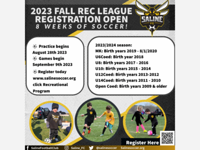 Saline FC - 2023 Fall Recreational Soccer League Registration Open 