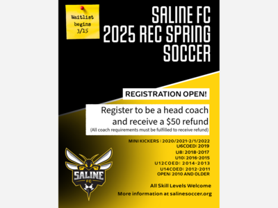 Saline FC Spring REC Registration Open! |  Waitlist starts 3/15