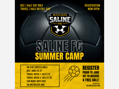Saline FC Summer Soccer Camp | Register prior to June 1 to receive a FREE Saline FC Soccer Ball!