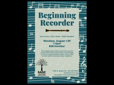 Beginning Recorder lessons Aug. 1-29